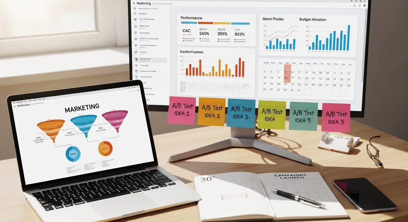 Profissional analisando métricas de marketing digital em escritório moderno