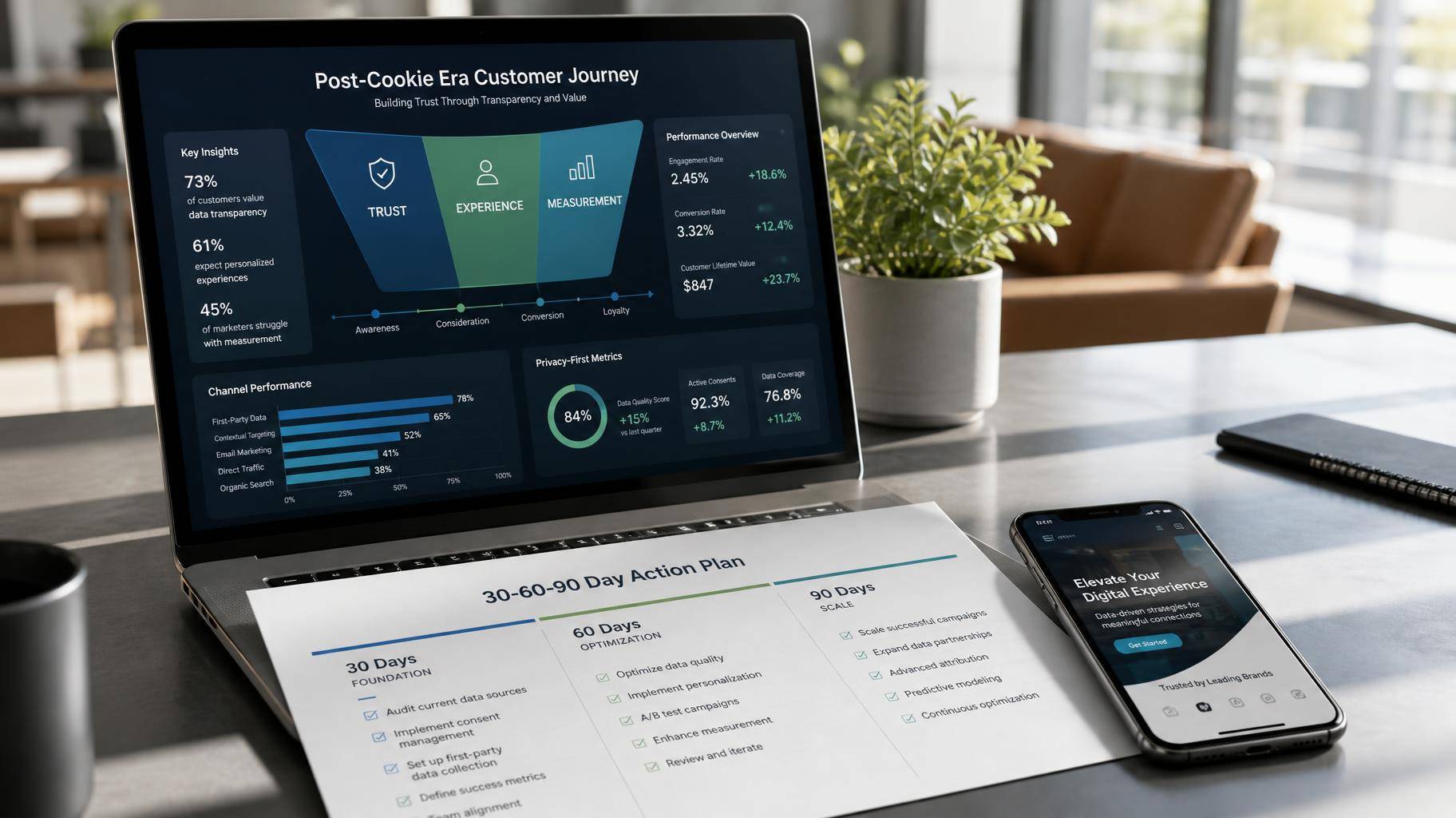 Funil de marketing digital pós-cookie em mesa de trabalho moderna