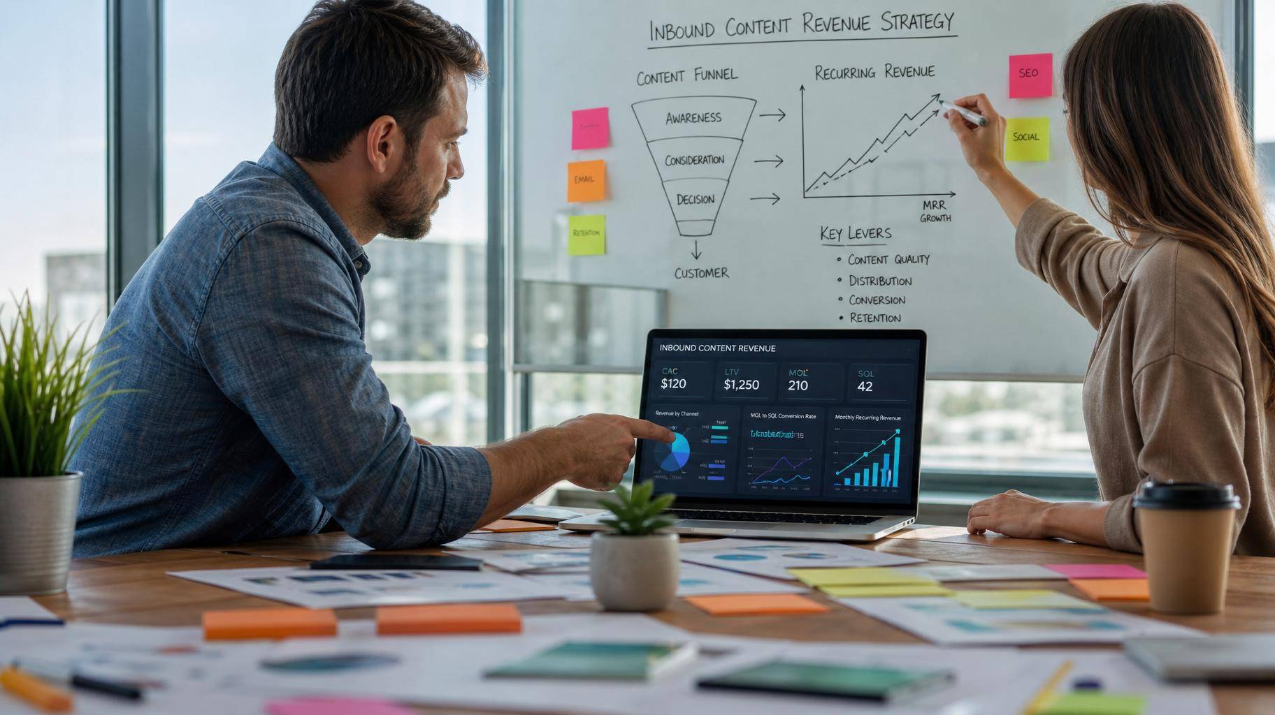 Especialistas de marketing definindo estratégia de conteúdo e receita recorrente
