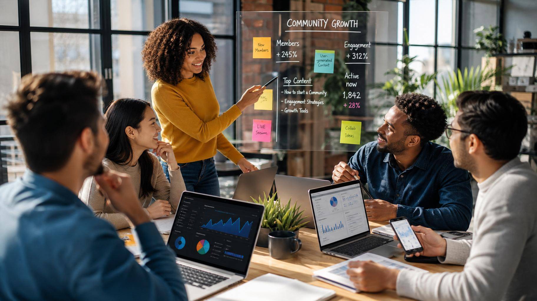 Grupo de criadores reunidos em coworking com métricas digitais