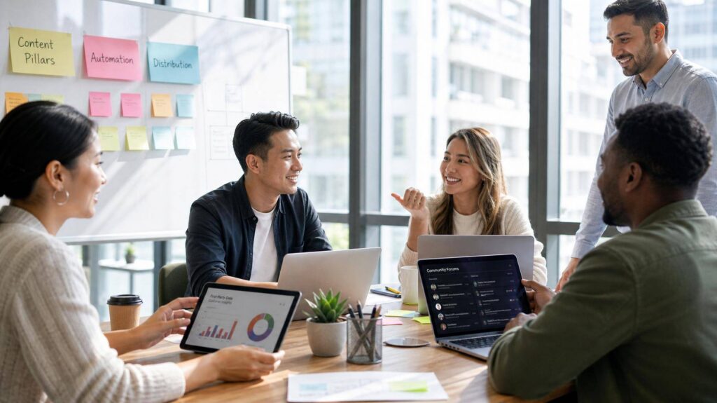 Equipe de marketing digital reunida com gráficos de dados e comunidade online em escritório moderno