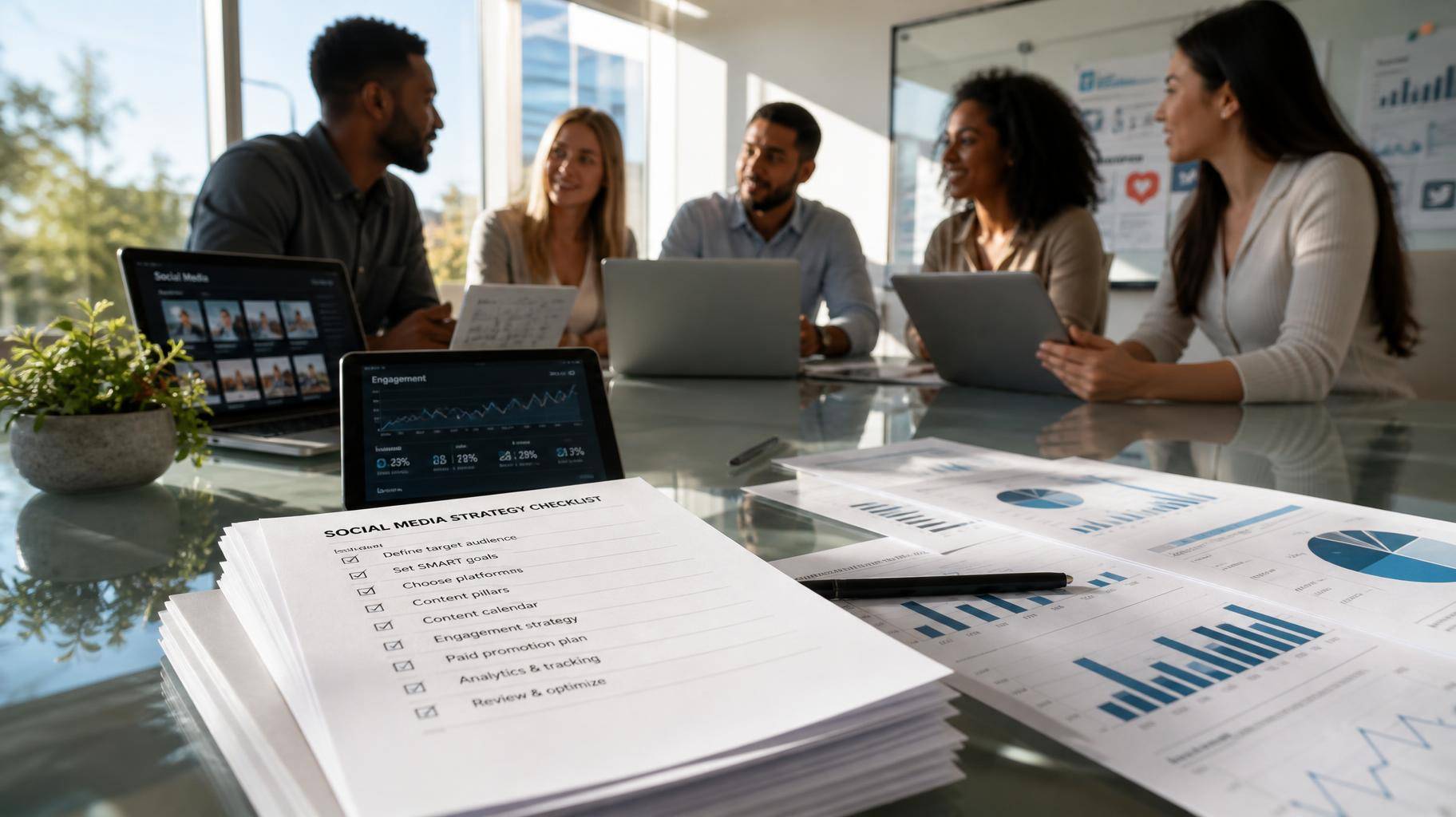 Equipe de marketing analisando métricas e checklist em um feed infinito de redes sociais