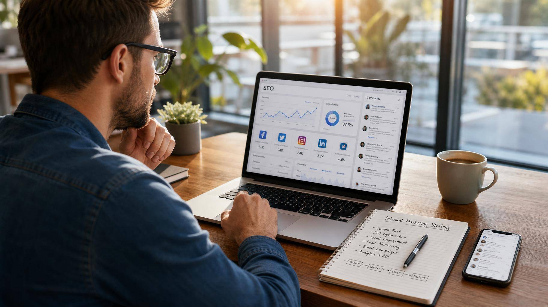 Profissional de marketing revisando métricas de SEO, redes sociais e chat de comunidade online