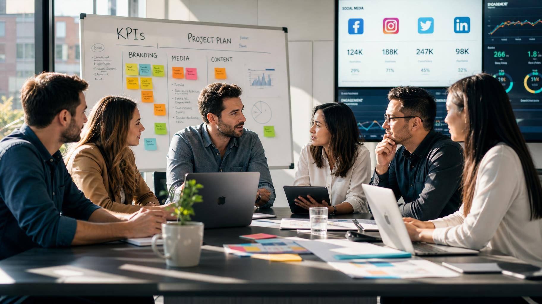 Equipe de marketing in-house e agência colaborando em escritório moderno com KPIs e gráficos