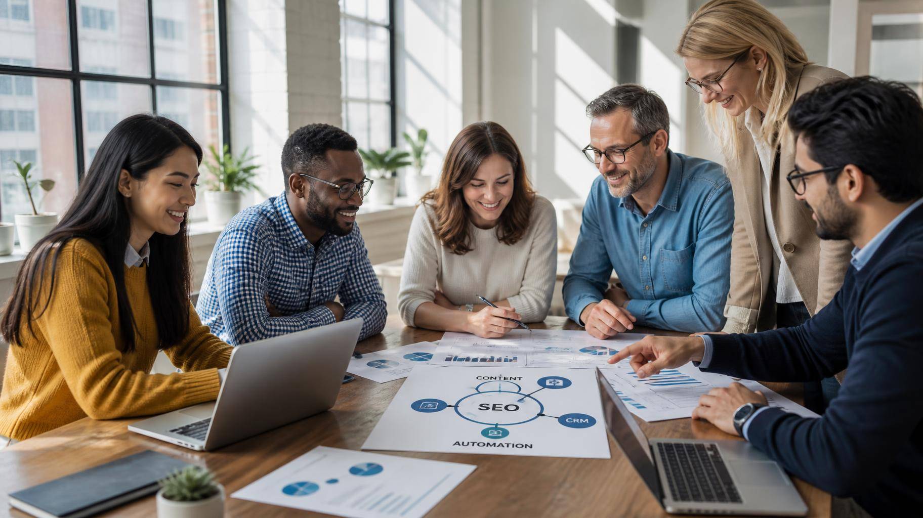 Equipe de marketing reunida em escritório moderno com gráficos de conteúdo