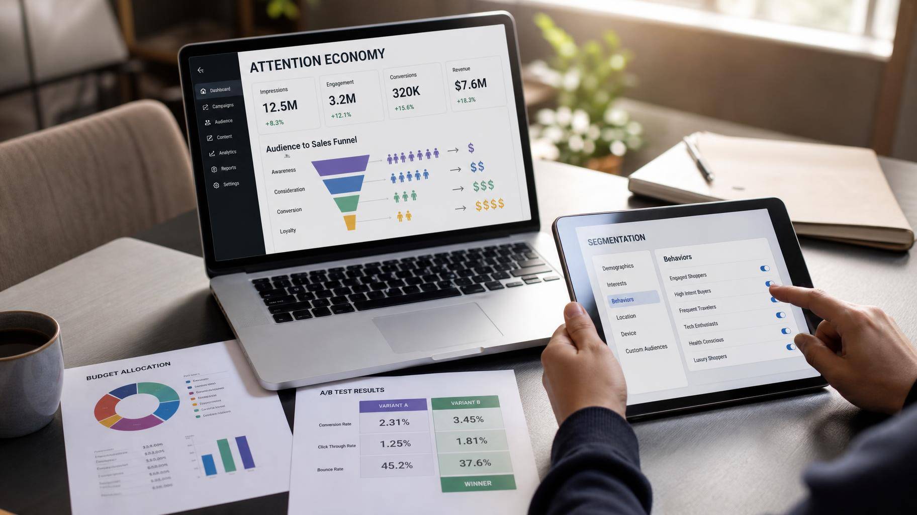 Mesa de escritório com laptop exibindo funil de marketing e métricas de vendas
