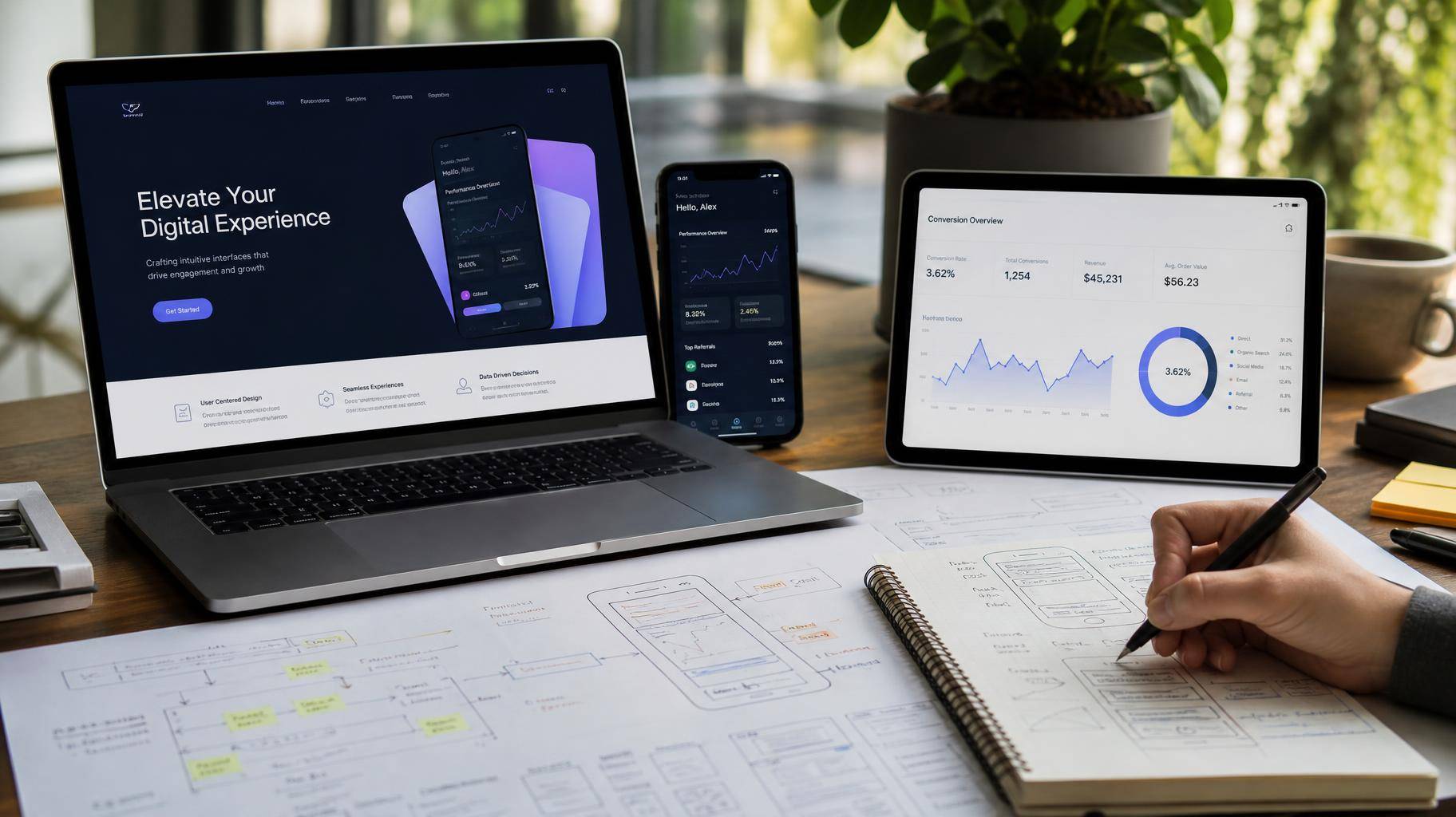Mesa de trabalho com laptop exibindo design de landing page, smartphone com interface de app e gráficos de conversão