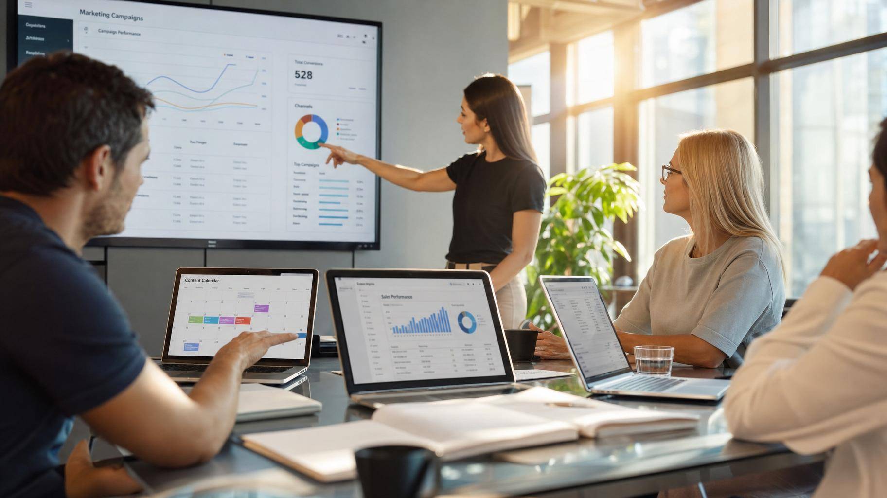 Reunião de equipe de marketing com gráficos e calendário de conteúdo