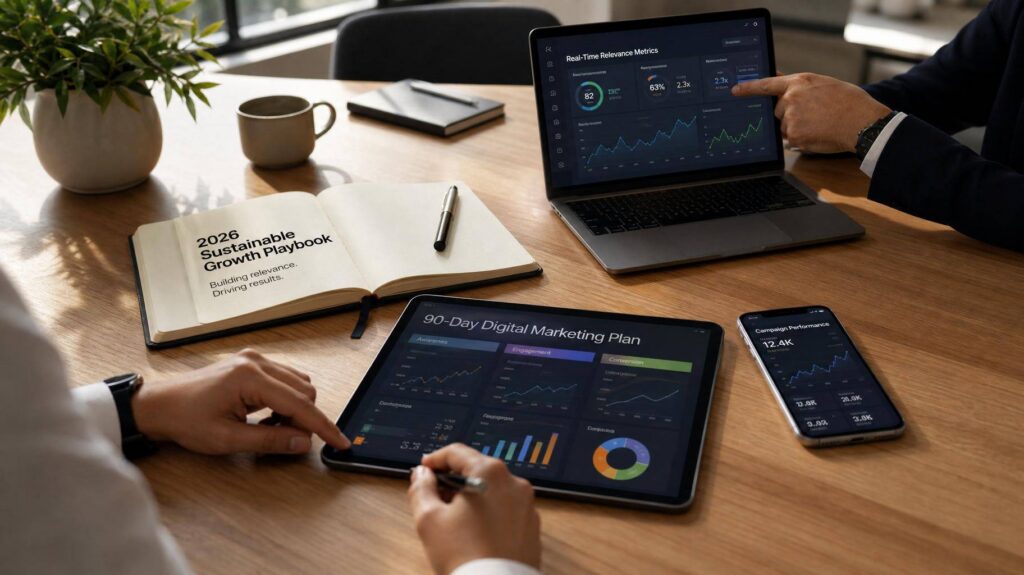 Mesa de escritório moderno com materiais de marketing digital e dashboard de métricas