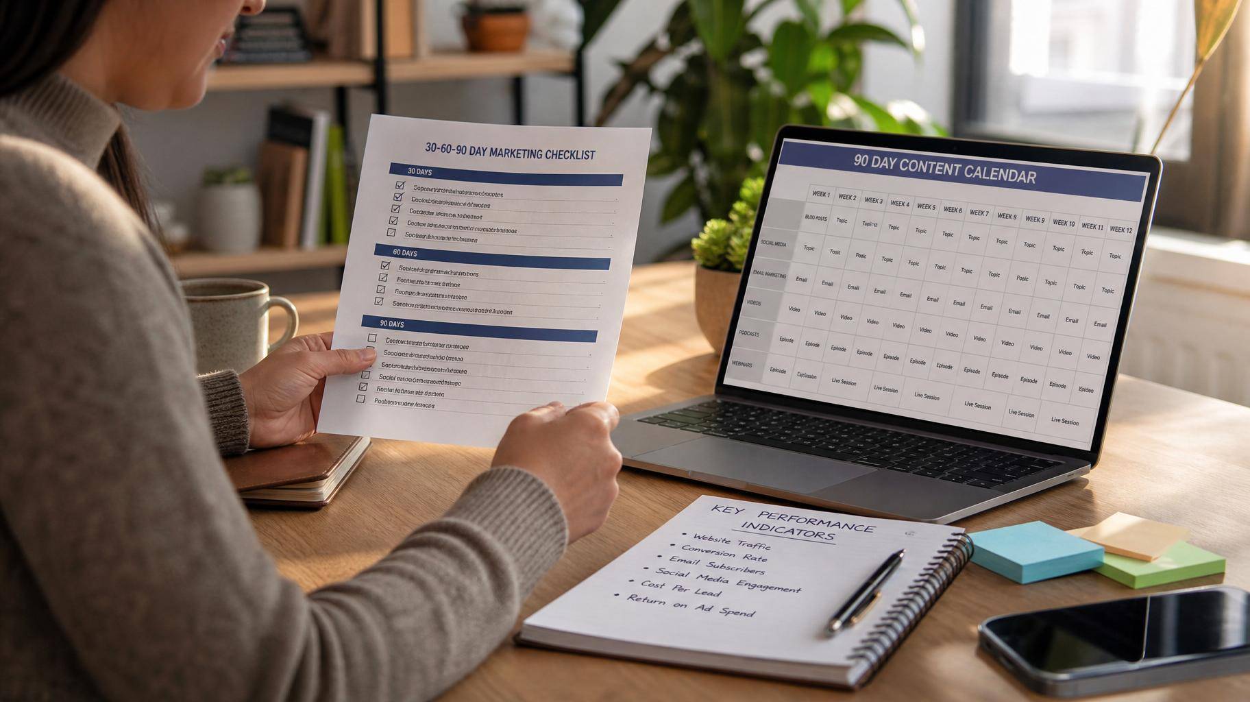 Pequeno empresário revisando checklist de marketing digital e calendário de conteúdo no laptop