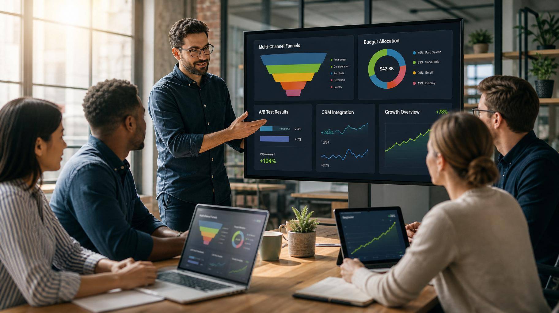 Equipe de marketing colaborando com dashboards de canais integrados