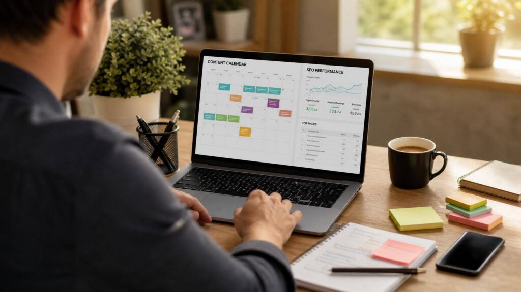 Profissional de marketing digital revisando calendário de conteúdo e SEO no laptop