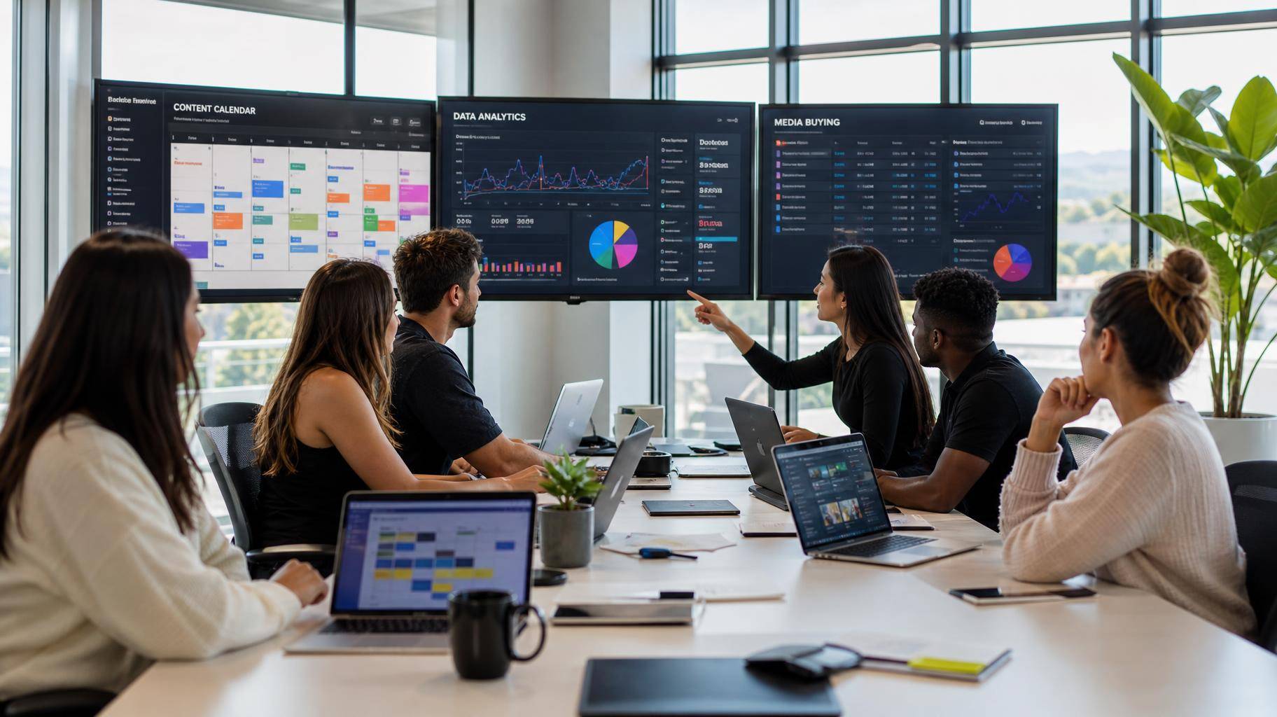 Equipe de marketing trabalhando com gráficos e telas em ambiente iluminado