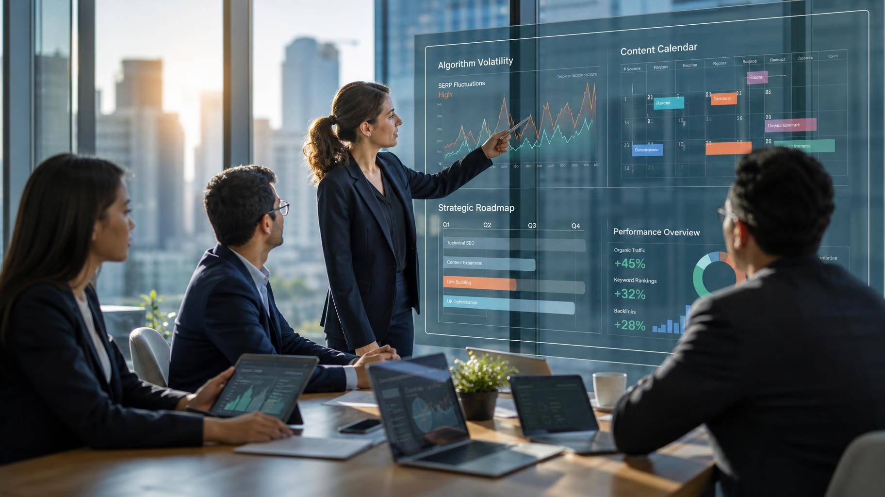 Profissional de marketing digital planejando estratégias omnichannel em escritório moderno