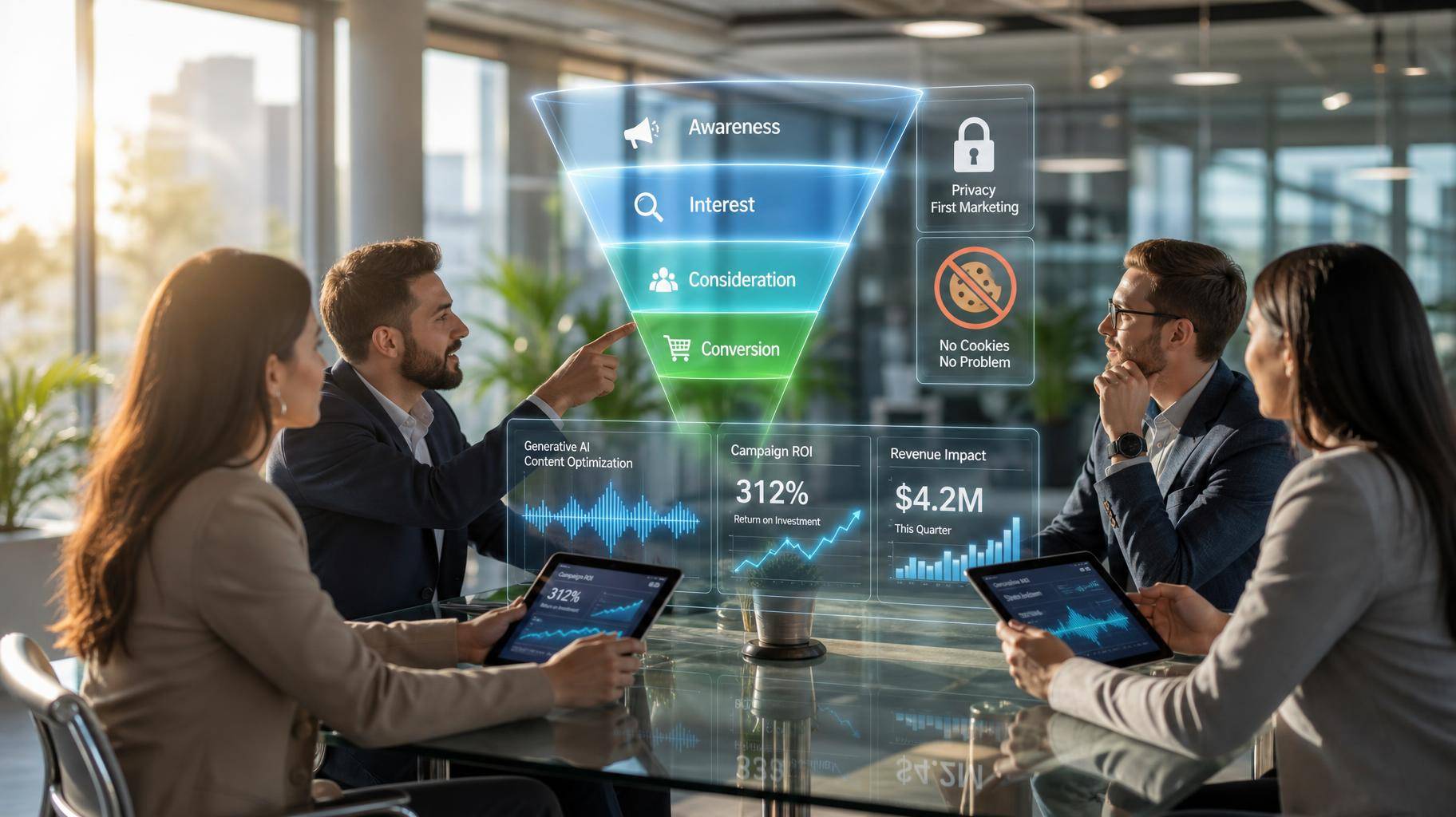 Equipe de marketing digital analisando funil de vendas holográfico em escritório iluminado