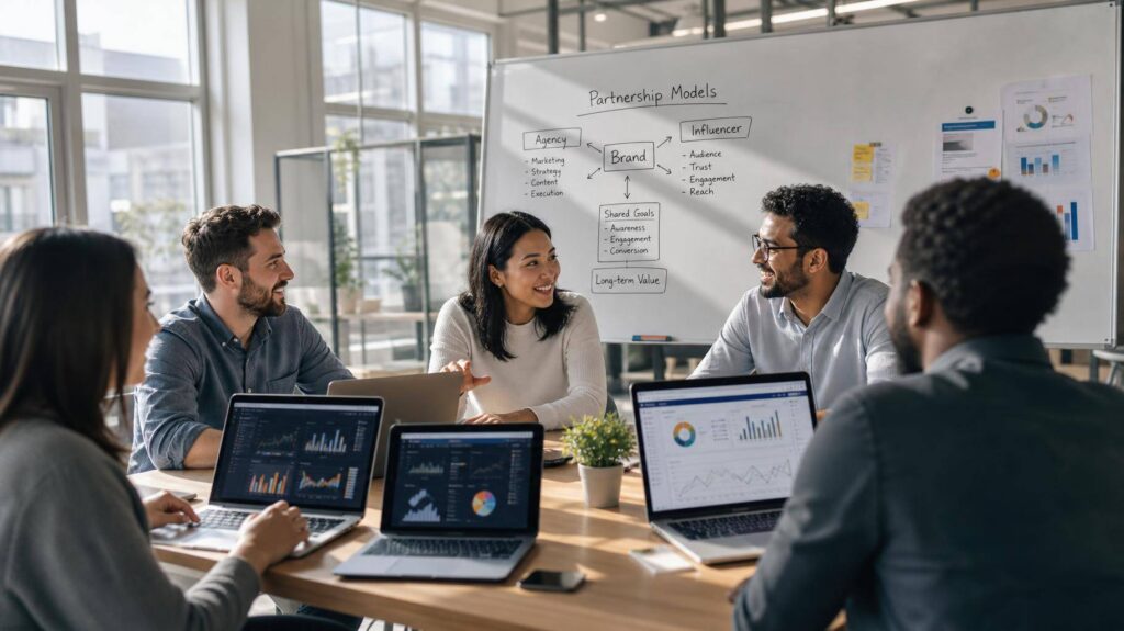 Equipe de marketing digital reunida em escritório moderno analisando dashboards