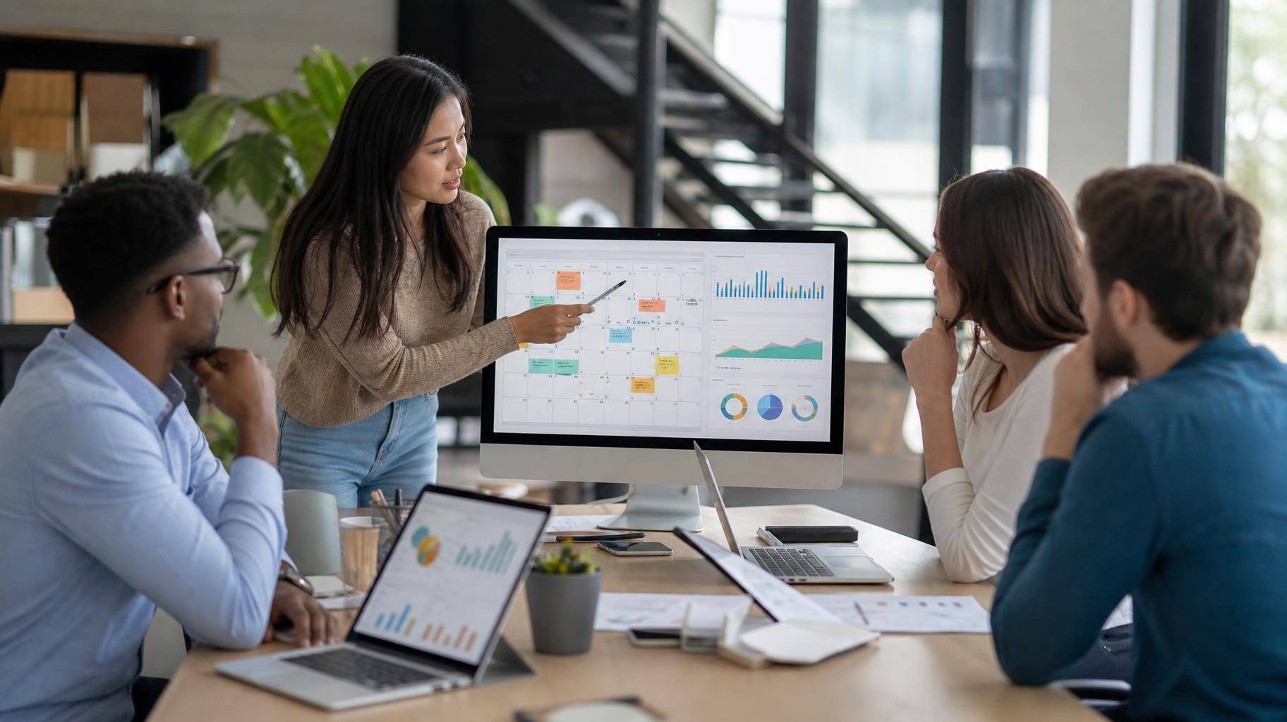 Quatro profissionais de marketing diversos em escritório moderno, analisando gráficos em laptops e tablets e um calendário de estratégia de 30 dias na tela de um desktop.