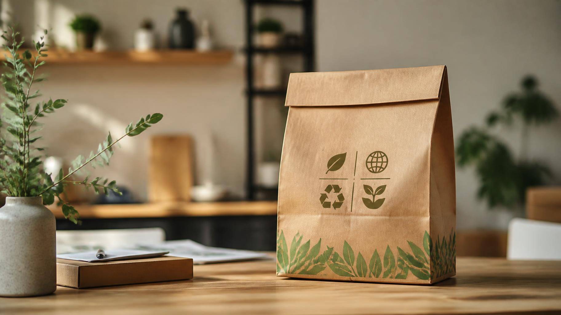 Saco kraft de delivery sobre mesa de madeira em cozinha minimalista, com iluminação natural e fundo desfocado.
